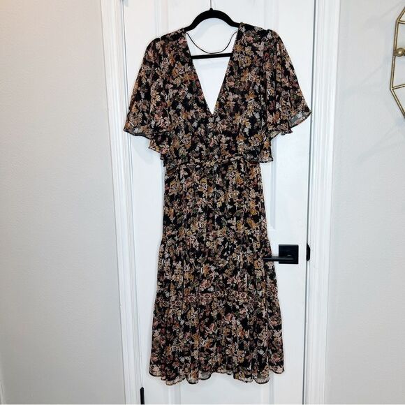 Zara Floral Print Midi Dress with deep V back black Size S - Picture 7 of 13